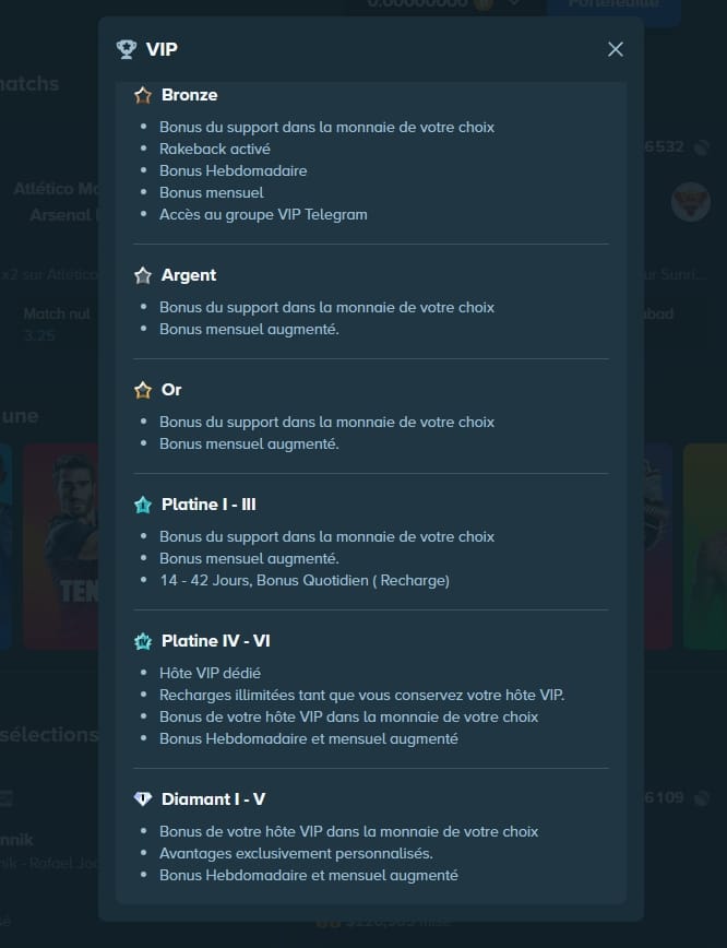 Système VIP de Stake avec ses 15 paliers Bronze à Diamant